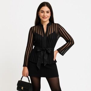 Black Femme Sheer Striped Long Bell Sleeve Zipper Blouse‎ with Tie Sz 10P